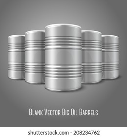 Blank vector realistic blank big oil barrels isolated on gray background. With place for your signs, design etc.