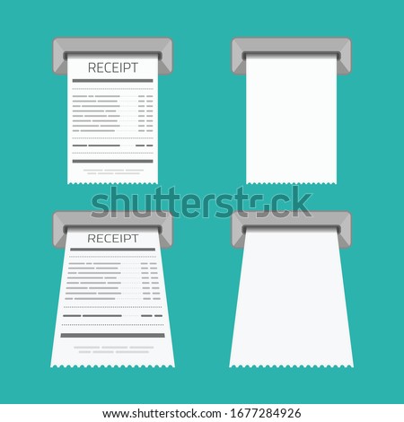 Blank vector shopping Cash Receipt. Paper printed ATM transaction record receipt. Design Template of Bill ATM, Receipts Records, Paper Financial Check for Mock up. Vector illustration EPS 10.