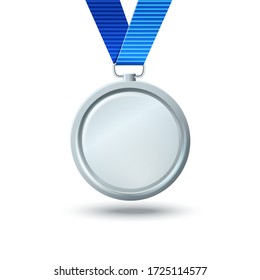 blank vector silver medal on a blue ribbon. template for about the award for the victory of the first achievement and quality, courage, victory day, may 9