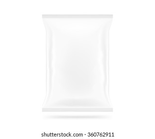 Blank Vector Snack Bag Mock Up Isolated. Clear White Chips Pack Mockup. Cookie, Candy, Sugar, Cracker, Nuts, Jujube Supermarket Foil Plastic Container Ready For Logo Design Or Identity Presentation.