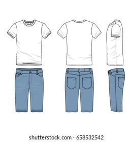 Blank vector templates of men's t-shirt and jeans shorts. Clothing set in casual style. Fashion illustration.