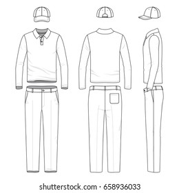 Blank vector templates of polo shirt, pants and baseball cap. Clothing set. Fashion illustration.