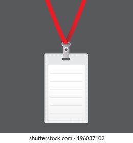 Blank vector vertical badge holder with bright light lace. Isolated on grey background for design and branding. Vector template for name tag with lanyard.