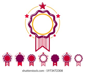 Blank vector vintage classic style badges set isolated, genuine guarantee stickers, geometric simple emblems or logos, round shaped icons for design project or product labels.