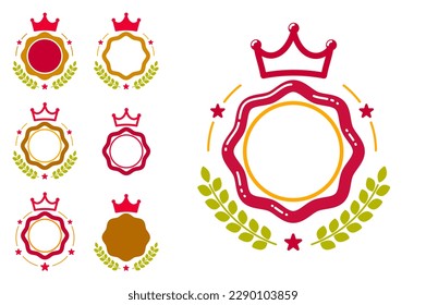 Blank vector vintage classic style badges set isolated, genuine guarantee stickers, geometric simple emblems or logos, round shaped icons for design project or product labels.