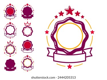 Conjunto de insignias de estilo clásico vintage de Vector en blanco aisladas, pegatinas de garantía genuinas, emblemas o logotipos geométricos simples, iconos de forma redonda para proyectos de diseño o etiquetas de productos.