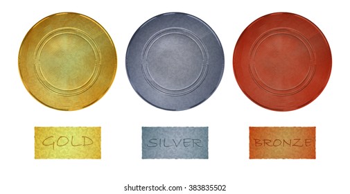 Blank vector vintage template for coins or medals with the old antique gold silver bronze metal texture and tablets with the inscription gold silver bronze