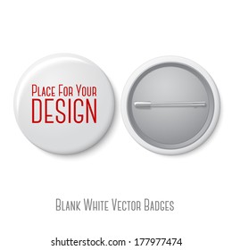 Blank vector white badge with place for your text. Both sides - face and back. Isolated on white background for design and branding. Vector