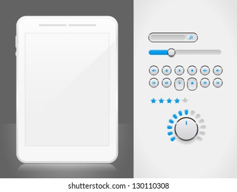 Blank vector white tablet PC with mp3 player interface. Image contains transparency. 10 EPS