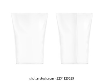 Blank vertical bag with flat bottom mockup. Front and back views. Vector illustration isolated on white background. Easy to use for presentation your product. EPS10	