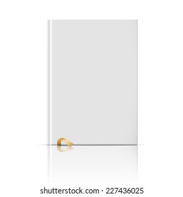 Blank vertical book cover template with gold bookmark standing on white glossy background with reflection Vector illustration.