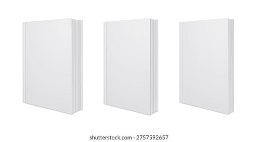 Blank vertical book cover. Thin, thick book mockup, isolated on white background.
