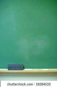 Blank vertical chalkboard with eraser and chalk. VECTOR.