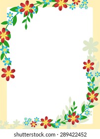 Blank vertical frame decorated with green leaves and red blue flowers in the corners. Vector illustration