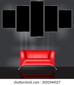 Blank vertical frame on dark decorative plaster wall in living room interior with red sofa,vector image