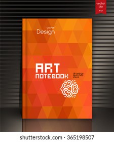 Blank vertical hardcover book template with red bookmark standing on gray surface. Vector illustration.