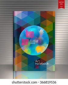 Blank vertical hardcover book template with red bookmark standing on gray surface. Vector illustration.
