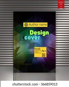 Blank vertical hardcover book template with red bookmark standing on gray surface. Book cover design isolated over colorful background, vector illustration. 