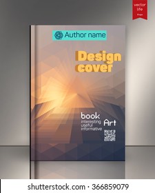 Blank vertical hardcover book template with red bookmark standing on gray surface. Book cover design isolated over colorful background, vector illustration. 