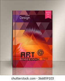 Blank vertical hardcover book template with red bookmark standing on gray surface. Vector illustration.