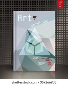 Blank vertical hardcover book template with red bookmark standing on gray surface. Vector illustration.