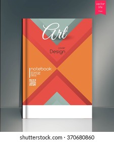 Blank vertical hardcover book template with red bookmark standing on gray surface. Vector illustration. Material design template