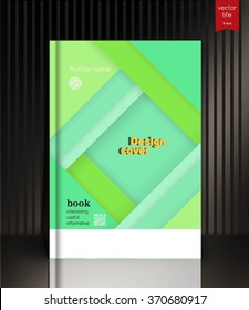 Blank vertical hardcover book template with red bookmark standing on gray surface. Vector illustration. Material design template