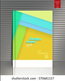 Blank vertical hardcover book template with red bookmark standing on gray surface. Vector illustration. Material design template