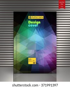 Blank vertical hardcover book template with red bookmark standing on gray surface. Vector illustration.