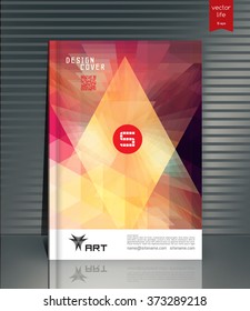 Blank vertical hardcover book template with red bookmark standing on gray surface. Vector illustration.