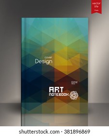 Blank vertical hardcover book template with red bookmark standing on gray surface. Vector illustration.