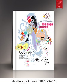Blank vertical hardcover book template with red bookmark standing on gray surface.Abstract cover. Cover of the book, journal, notebook. Cover in the style of abstract artists.  Vector illustration.