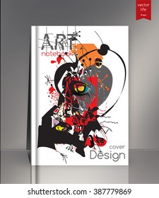 Blank vertical hardcover book template with red bookmark standing on gray surface.Abstract cover. Cover of the book, journal, notebook. Cover in the style of abstract artists.  Vector illustration.