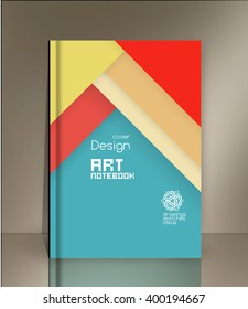 Blank vertical hardcover book template with red bookmark standing on gray surface. Vector illustration. Material design template