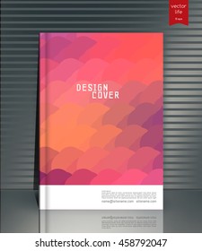 Blank vertical hardcover book template with red bookmark standing on gray surface.
