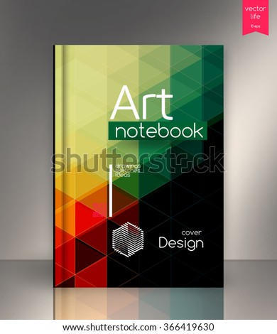 Blank vertical hardcover book template with red bookmark standing on gray surface. Book cover design isolated over colorful background. Vector covers for books, notebooks, annual report