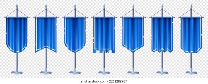 Blank vertical medieval flag mockup for game design. Isolated 3d steel pole with blue pennon on transparent background. Royal or knight vintage pennant with silver border, various shapes, ragged edge