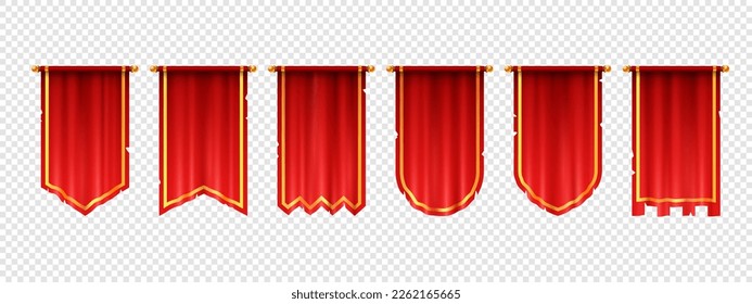 Blank vertical medieval flag mockup game design. Isolated 3d red hanging pennon on transparent background. Royal or knight vintage pennant with golden border, ragged or tattered edge, various shapes