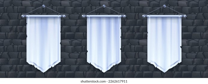 Blank vertical medieval flag mockup for game design. Isolated 3d white pennon hanging on stone wall background. Royal or knight vintage pennant with silver border, ragged edge svg