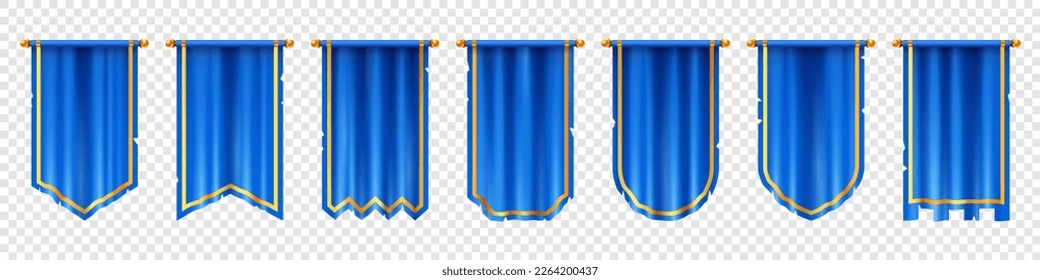 Blank vertical medieval flag mockup game design. Isolated 3d blue hanging pennon on transparent background. Royal or knight vintage pennant with golden border, ragged or tattered edge, various shapes svg