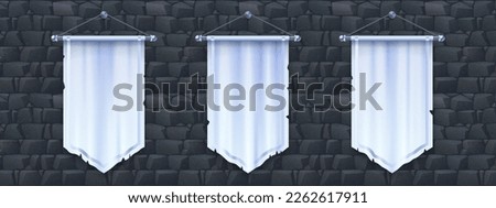 Blank vertical medieval flag mockup for game design. Isolated 3d white pennon hanging on stone wall background. Royal or knight vintage pennant with silver border, ragged edge