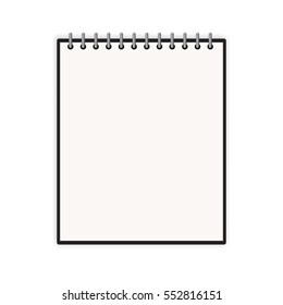 Blank vertical notebook cover template with pages in front side standing on white surface Perspective view. Vector illustration.