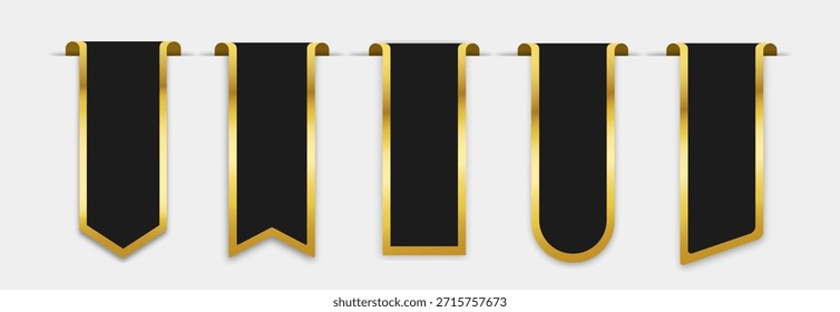 Blank vertical ribbon label set for branding. Black and gold luxury banner style, vector illustration
