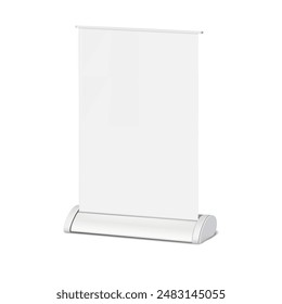 Blank vertical roll-up banner stand. Realistic vector mockup. Pull-up roller portable signage. Mock-up. White pop-up advertising display. Template