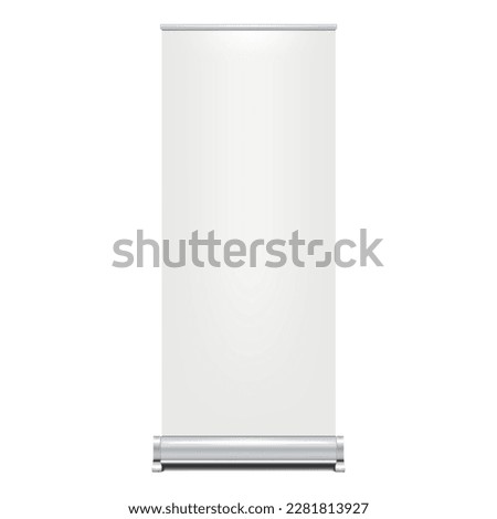 Blank vertical roll-up banner stand vector mockup. Pull-up roller portable signage mock-up. White pop-up advertising display template Stockfoto © 