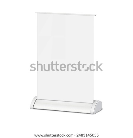 Blank vertical roll-up banner stand. Realistic vector mockup. Pull-up roller portable signage. Mock-up. White pop-up advertising display. Template