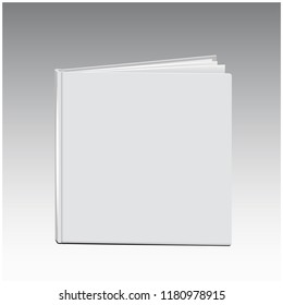 Blank vertical softcover square book template standing on white surface. Vector mock up illustration