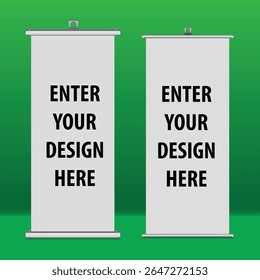 Soporte de Vertical en blanco enrollar maqueta de Anuncio sobre fondo verde, maqueta de señalización portátil de rodillos pull-up, Plantilla de visualización de publicidad pop-up blanca, enrollar Anuncio publicitario 3D en pantalla verde