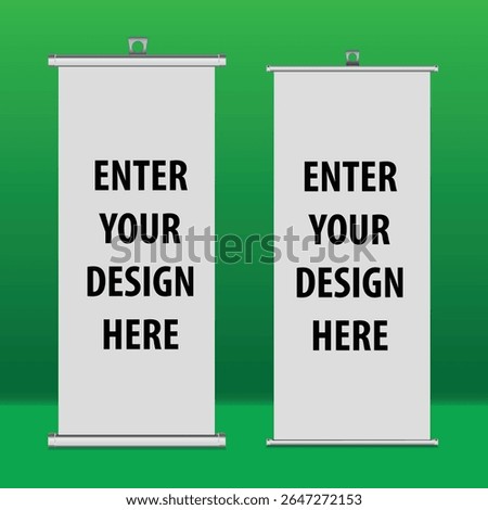 Blank vertical stand roll up banner mockup on green background, pull-up roller portable signage mock-up, white pop-up advertising display template, roll up 3d ad banner on green screen