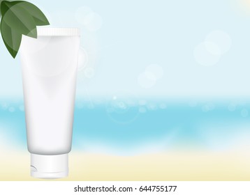 blank vertical tube for cosmetic product on a background of sea beach. realistic template for advertising. vector illustration.